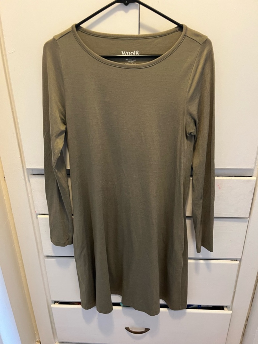 Wool& Olive Green Rowena Dress Long-Sleeve A-Line Swing Dress Pockets Size XS